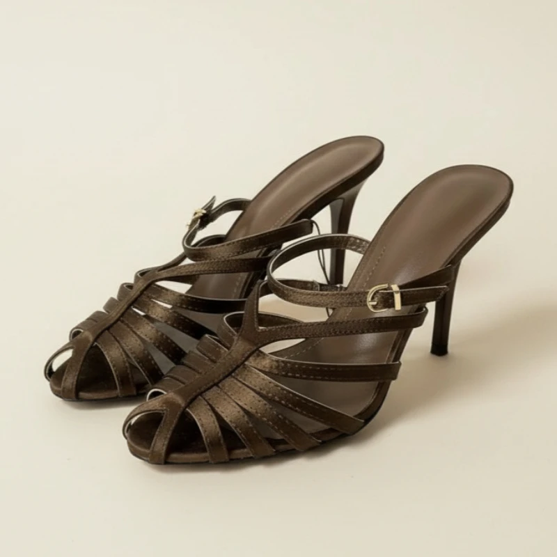 

Women's Satin Gladiator Heels Peep Toe Stiletto Mules, Sexy Elegant Party Wedding Banquet Evening Dress Shoes for Women