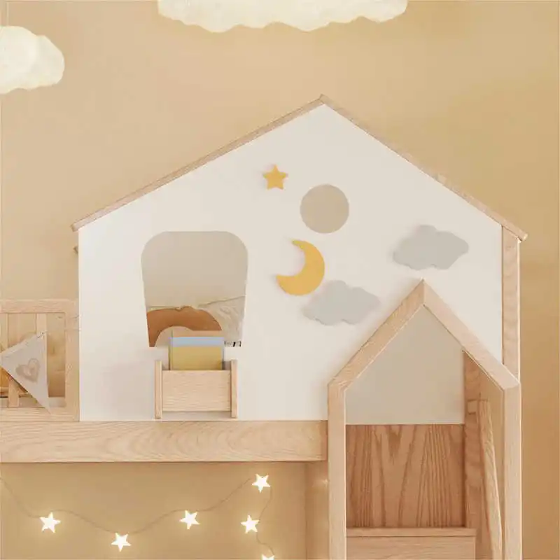 Massief houten kinderbed, boomhutbed, verhoogd bed met glijbaan, stapelbed voor moeder en kind, stapelbed met hoge reling