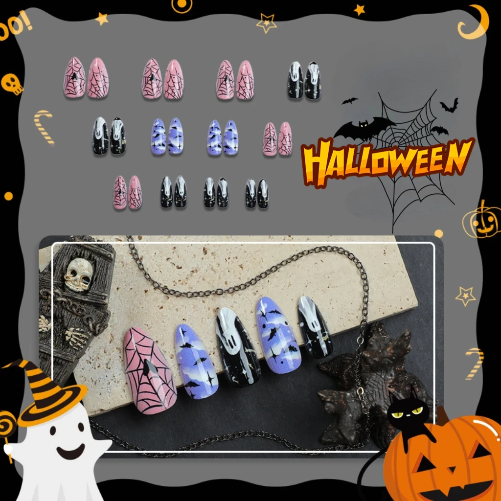 24 pièces Halloween amande faux ongles avec Ins style fantôme conception portable faux ongles avec motif toile d'araignée presse sur les ongles