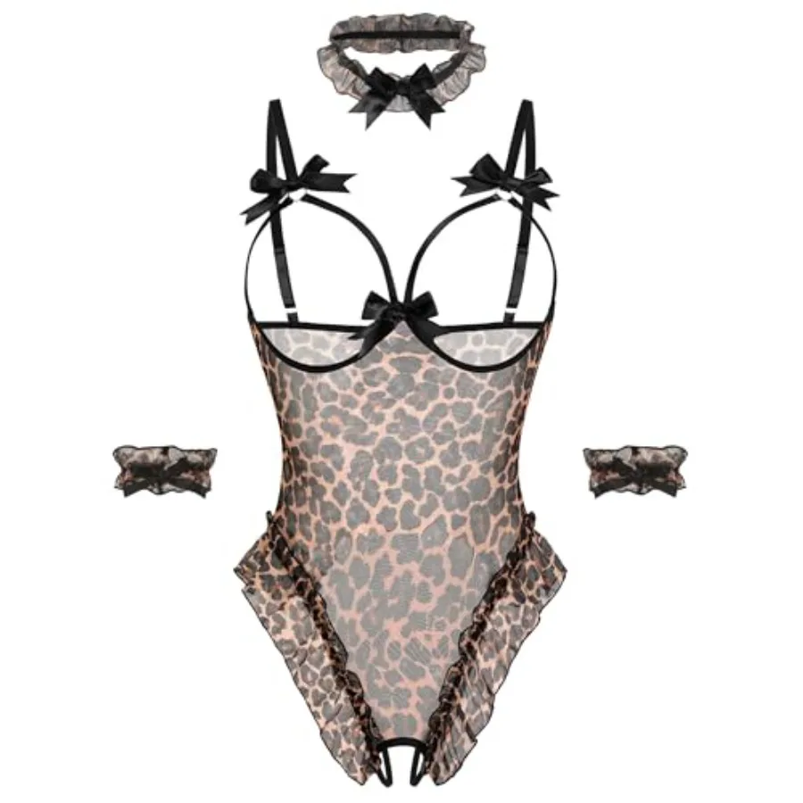 

Avidlove Womens Lingerie Bodysuit 4 Pcs Set Sheer Mesh Teddy Babydoll with Detachable Collar and Wrist Cuffs