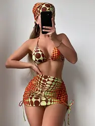 Aleatório Dot impressão gravata lado Halter biquínis das mulheres, maiô, saia de praia, Sexy Swimwear, banho roupa de natação, fêmea, 4 pcs, 2024