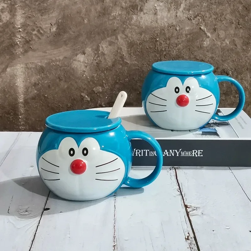 Genuine Stock Doraemon Mug With Cover Machine Cat Cute Blue Fatceramic Cup Holiday Birthday Cartoon Gifts For Boys And Girls