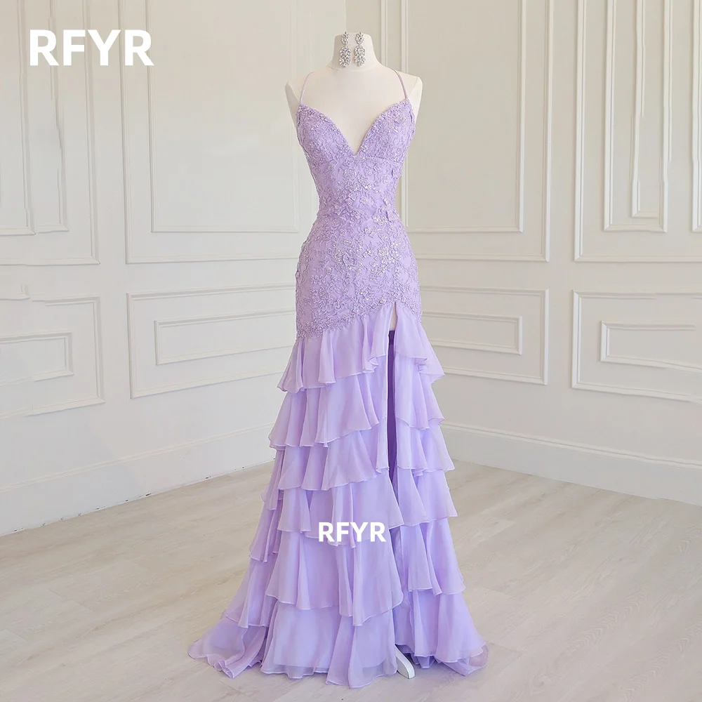 

RFYR Mermaid Prom Dress Sexy Straps Princess Dress Layers Lace Party Dress for Women High Slit Evening Dress Customized
