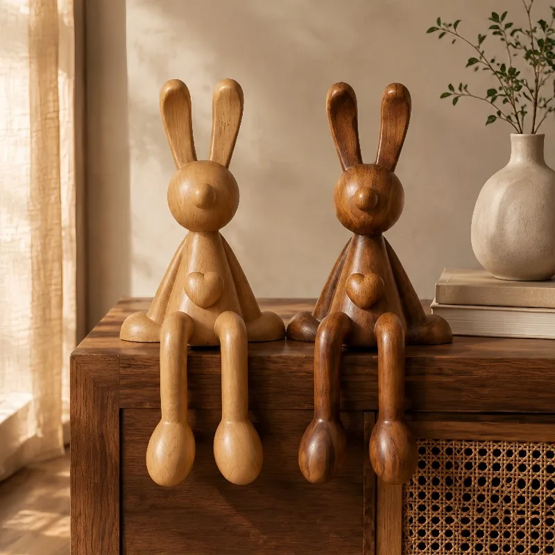 Vintage Wood Grain Rabbit Statue Dangling Legs Design Aesthetic Decorative Ornament for Home Entryway TV Cabinet Study Desktop