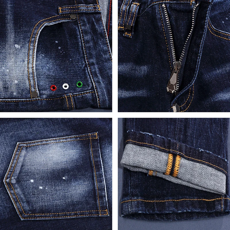Designer Fashion Men Jeans High Quality Retro Blue Stretch Slim Fit Painted Ripped Jeans Men Brand Vintage Denim Pants Hombre