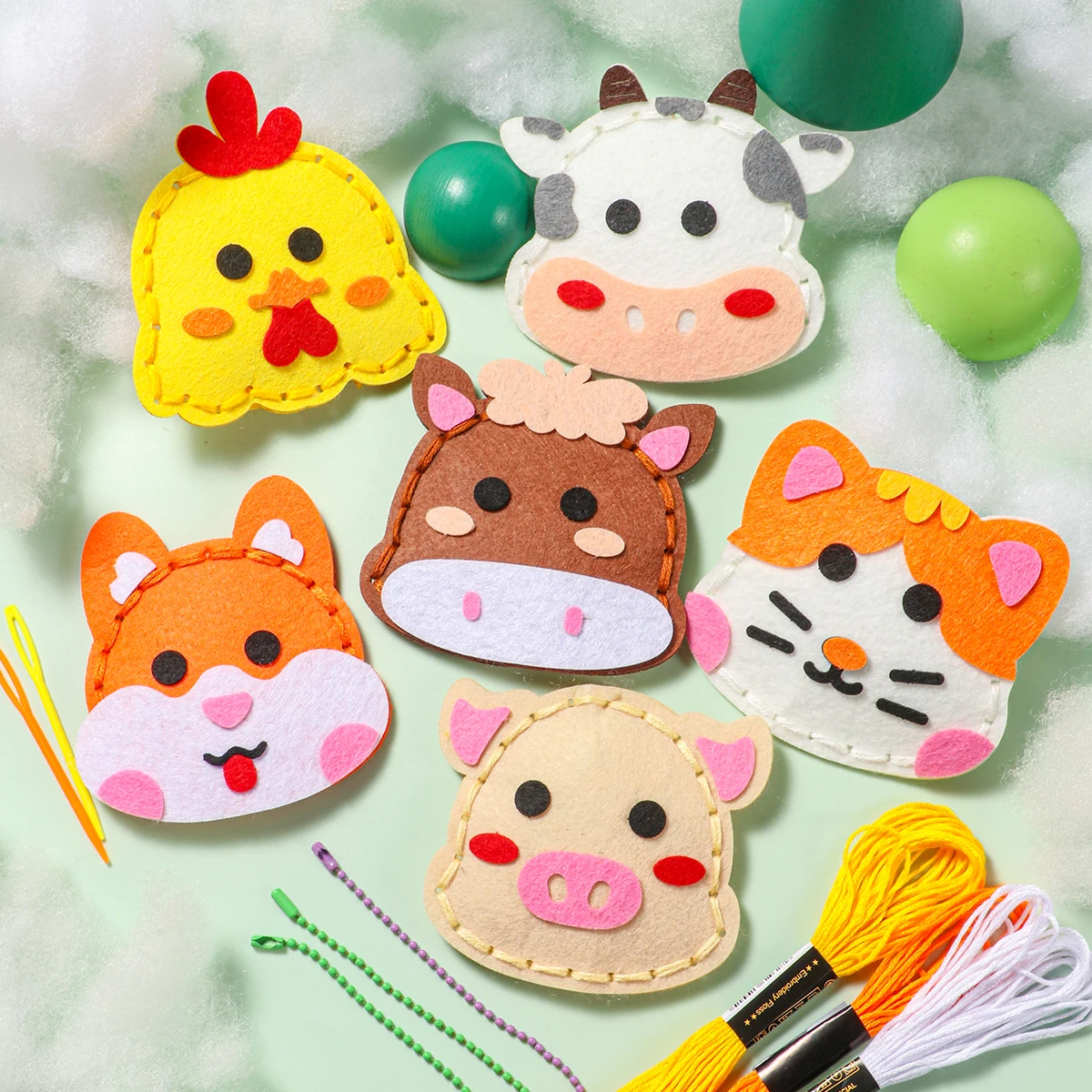 6-piece DIY Farm Animal Sewing Kit; Beginner Hand Sewing Kit; Cute Cartoon Animal Cow, Horse, Chicken School Bag Pendant; Birthd