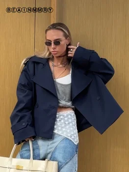 Khaki Lace Up Windbreaker 2026 Women Elegant Full Sleeve Button Loose Chic Long Coat 2025 New Office Lady Daily Commute Overcoat