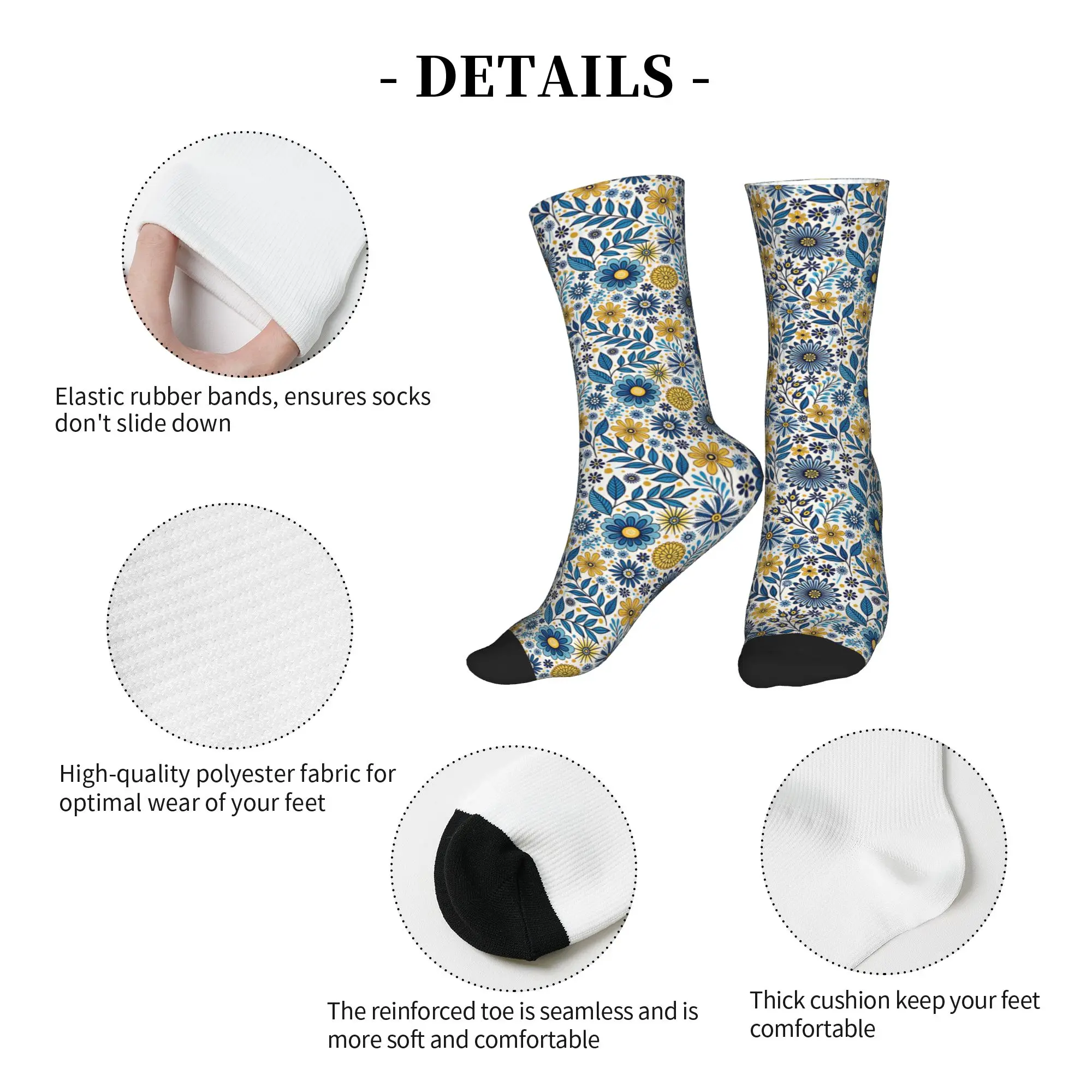 Kawaii Men's Folk Art Talavera Blue Yellow Daisy Floral  Dress Socks Unisex Breathbale Warm 3D Printed  Crew Socks view 5