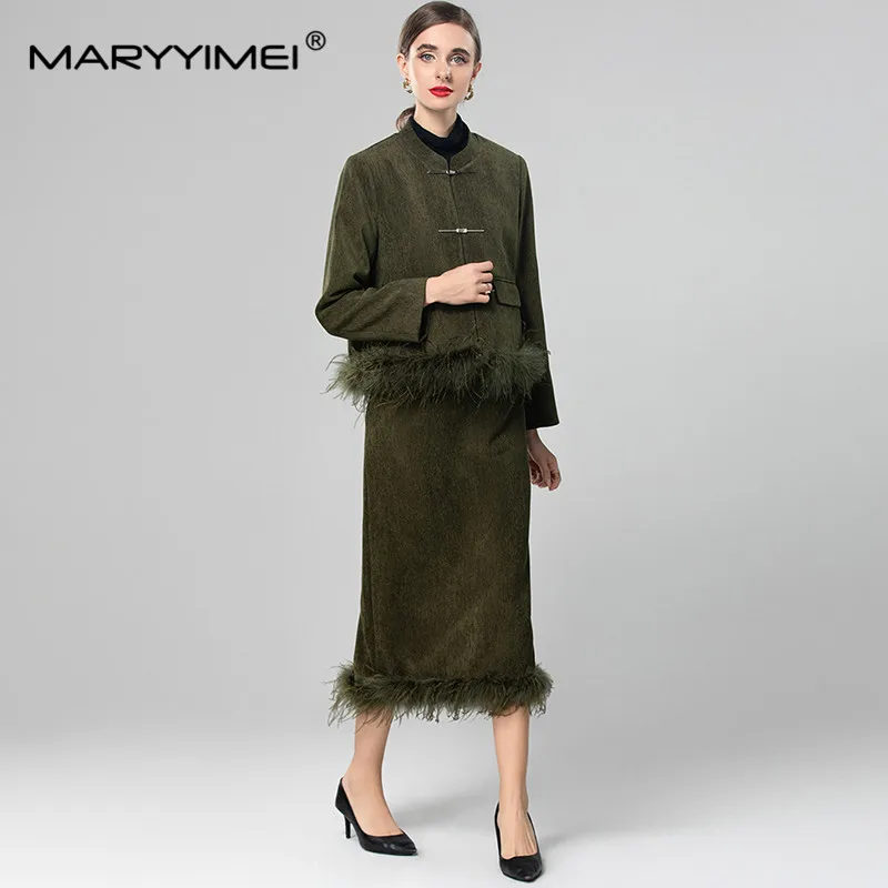 MARYYIMEI Fashion Women\'s V-Neck Sleeveless Vest+ong-Sleeved Single-Breasted Coat+Straight skirt Feathers design 3 piece set