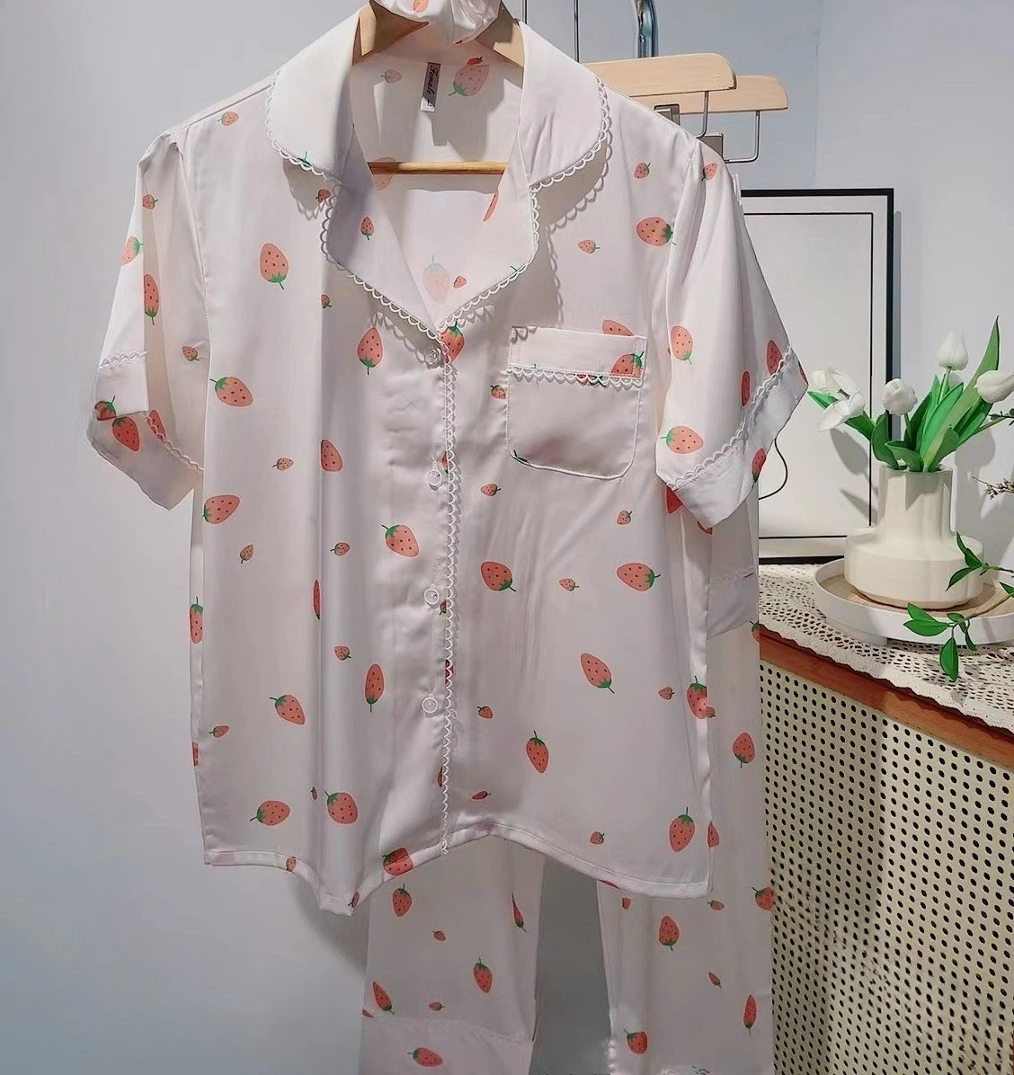 

3Pcs Print Pajamas Suit Women Satin Nightsuits Sleep Set Short Sleeve Pyjamas Home Clothes Spring Lapel Sleepwear Lingerie