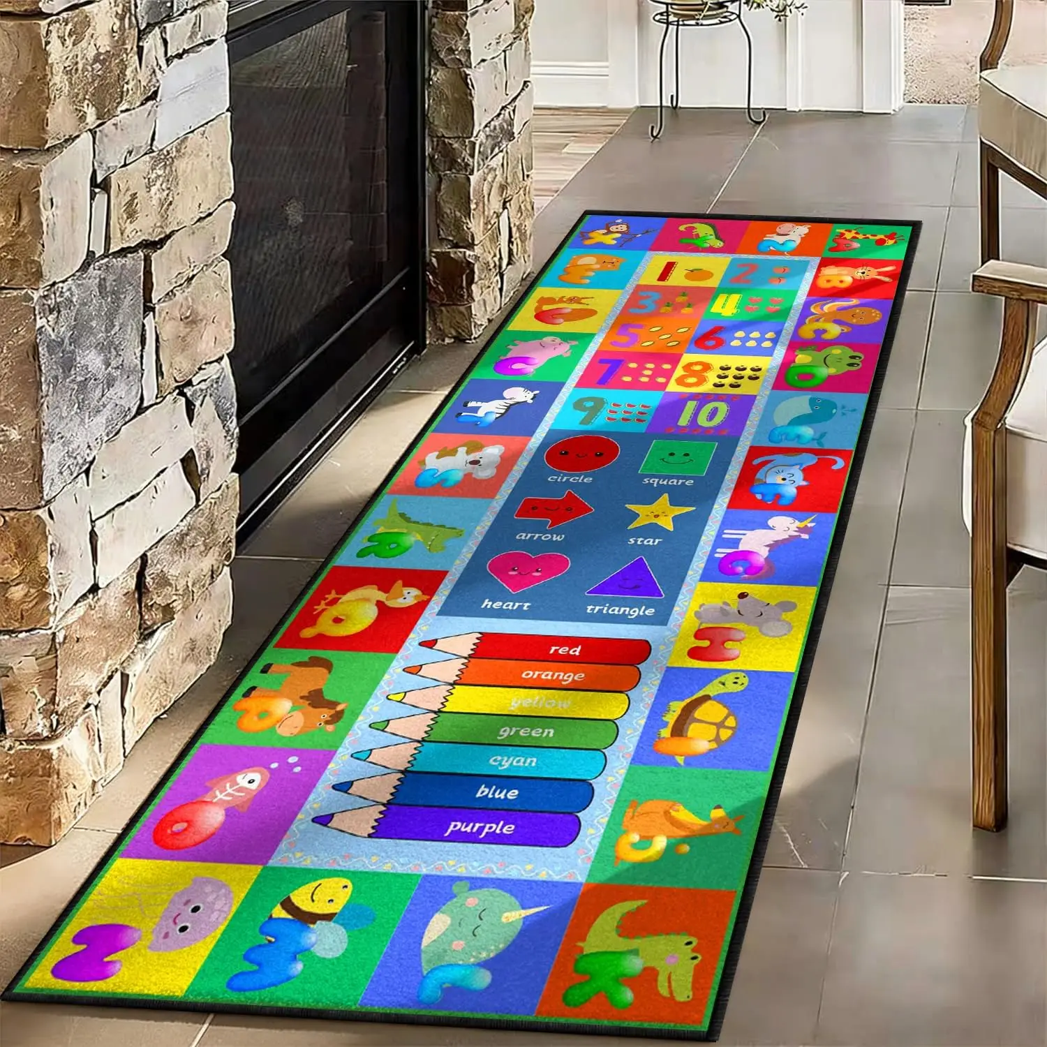 Educational Kids Runner Rug with Numbers, Colors, Shapes & Animals, Non-Slip Washable Floor Mat for Nursery Hallway Indoor Decor