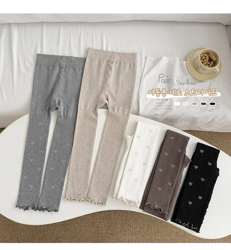 Autumn Kids Leggings Solid Color Bow Print Ruffle Girls Pants Sweet Style Soft Stretchy Children Leggings