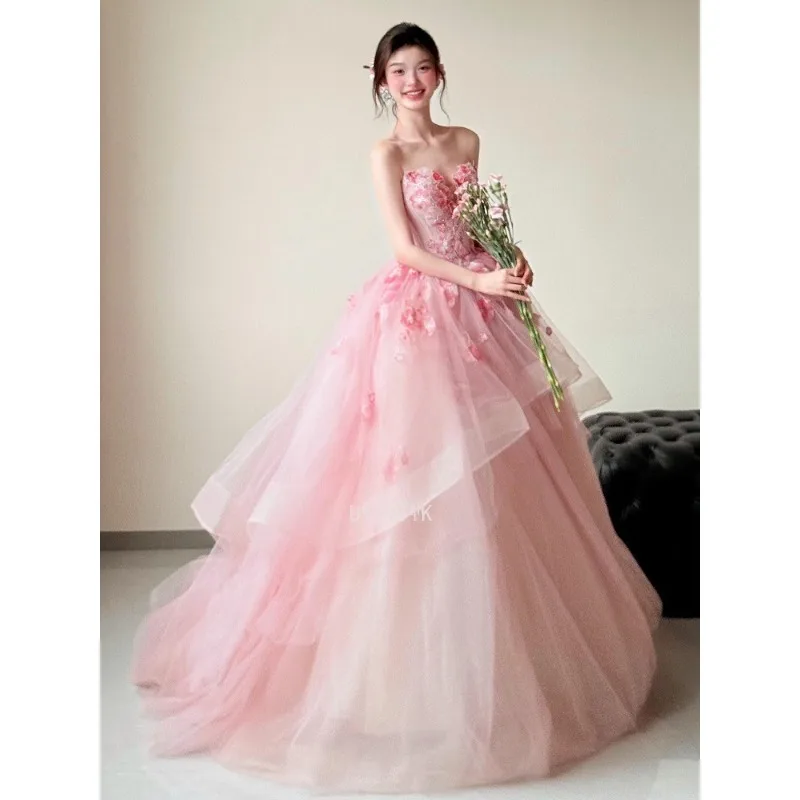 Luxo floral appliqued vestido de festa de casamento feminino elegante rosa sem alças vestido de baile até o chão a linha puff vestidos de noite