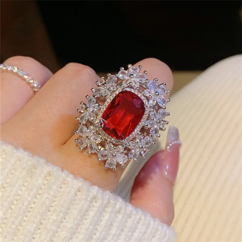 Created Ruby Rings For Women Big Gemstone Deep Red White Gold Plated Adjustable Size Fine Jewelry Luxury Party Accessories