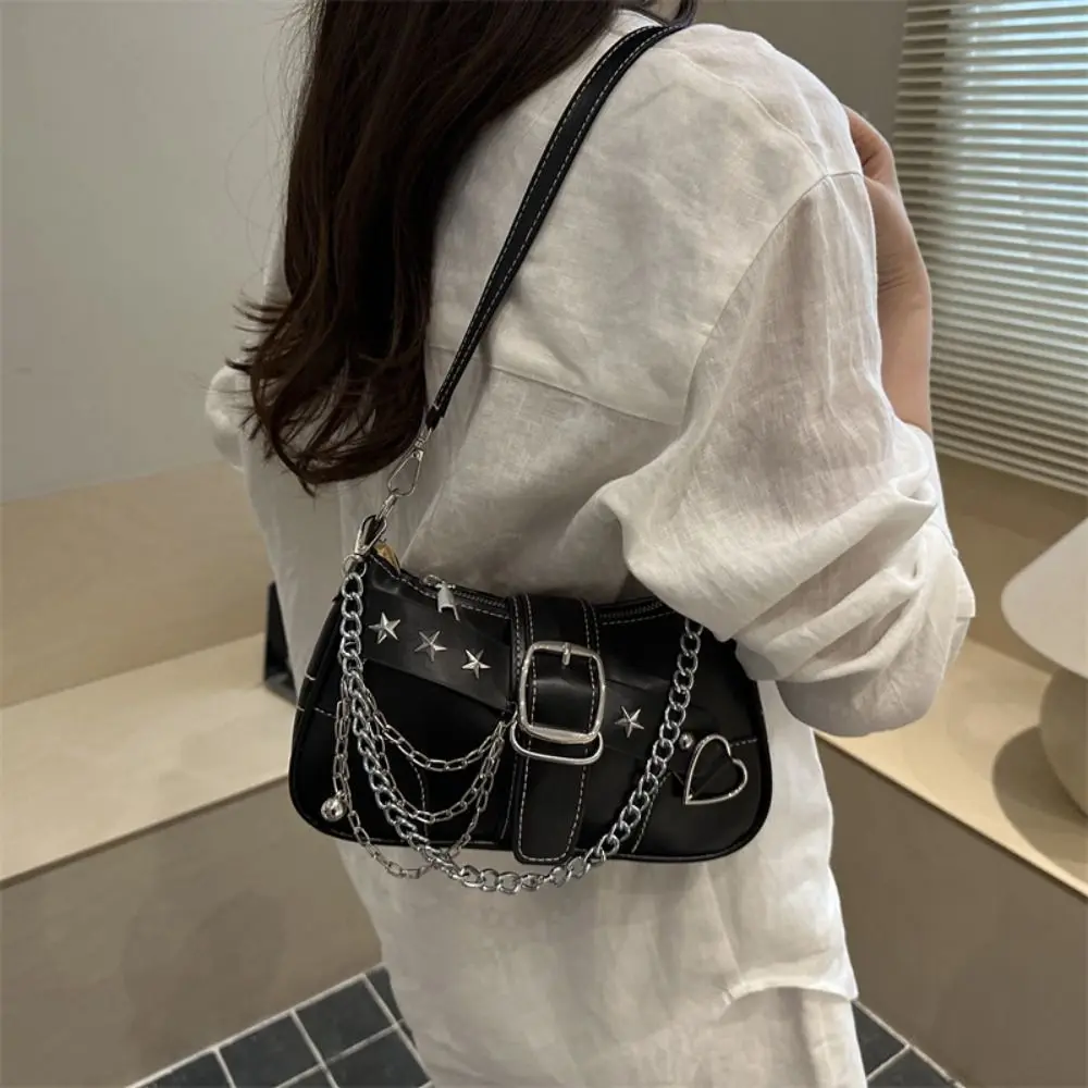 Punk Y2K Star Rivet Shoulder Bag Spicy Girl Pu Leather Retro Motorcycle Bag Korean Fashion Locomotive Pack Girls