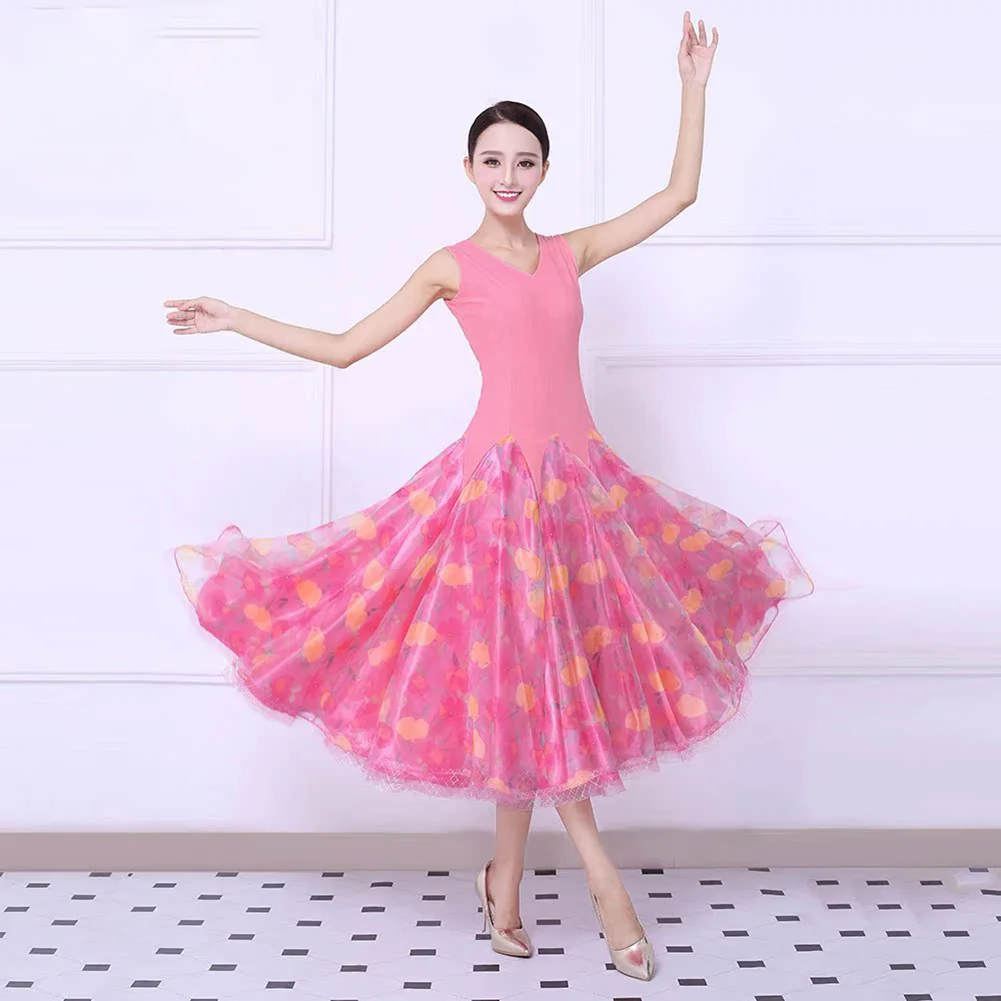Walzerkleid Neues Ballsaal-Flamenco-Kleid mit Punkten und V-Ausschnitt, Standard-Wettbewerb, schmale Passform, ärmellos, rosa, schöner Gesellschaftstanz