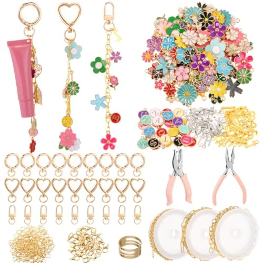 

794 Pcs Floral Theme Lip Gloss Keychain Making Kit Bag Charm Kit with 228 Enamel Charms Bulk Keychain Clips Extender Chain Jewe