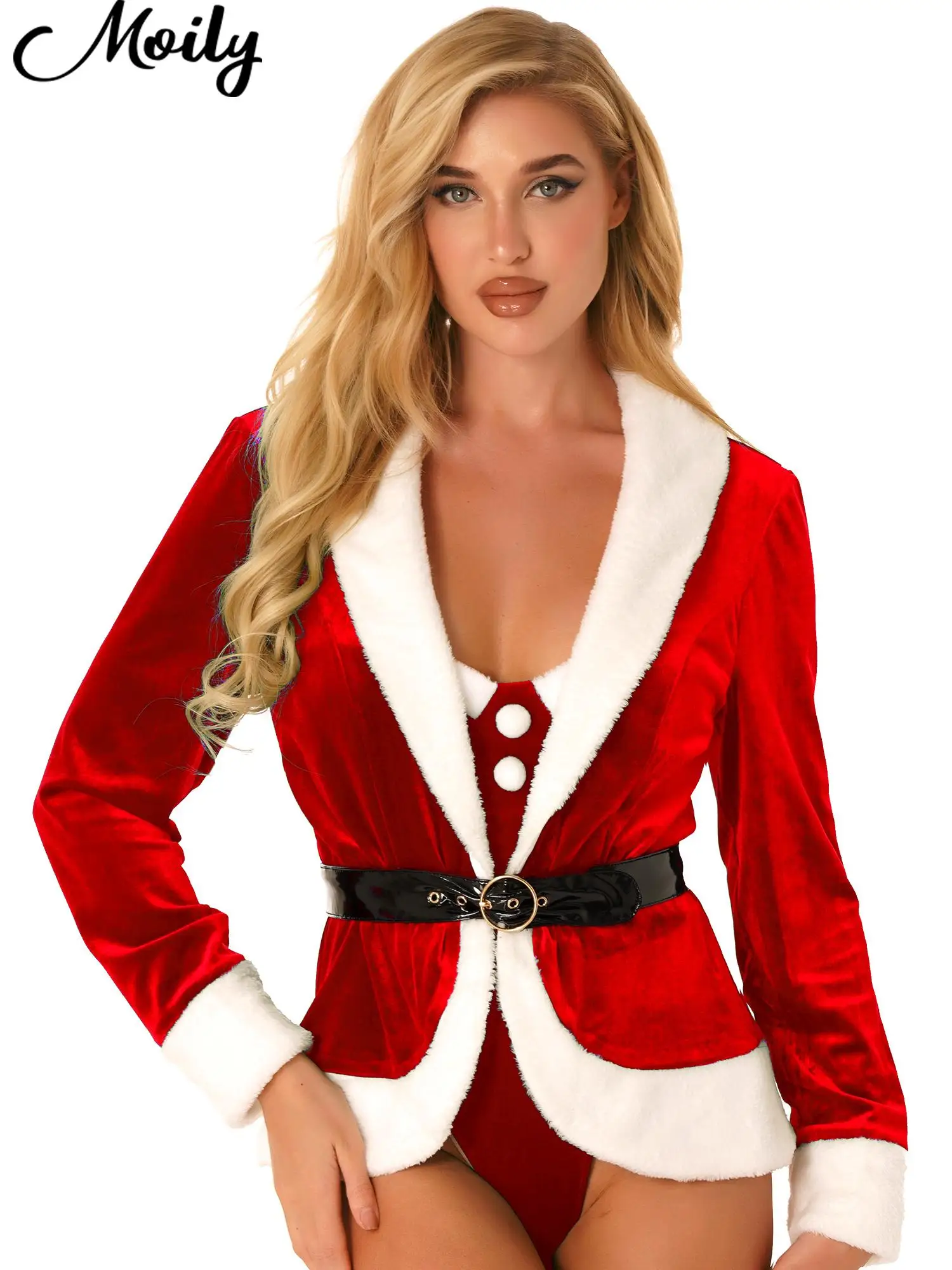 Womens Christmas Jacket Santa Cosplay Costume Carnival Long Sleeves Coats Tops with Belt New Year Party Mrs Claus Xmas Costume