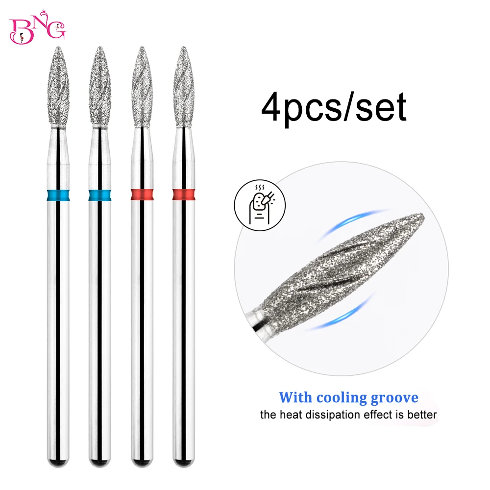 NEW 4Pcs/set Cooling-Groove Flame Shape Diamond Nail Bits Tools Nails Cutters for Manicure Drill Bits Nails Accessories Tools