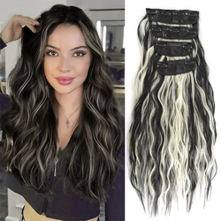 Clip de pelo sintético en postizos gruesos ondulados largos para mujeres, extensiones de cabello sintético de cabeza completa, postizos degradados, 4 unids/set