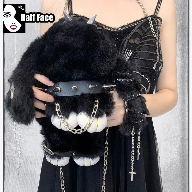 Y2K Girls Harajuku Gothic Women\'s Punk One Shoulder Lolita Original LeatherBuckle Dark Furry Chain Plush Crossbody Bags Tote