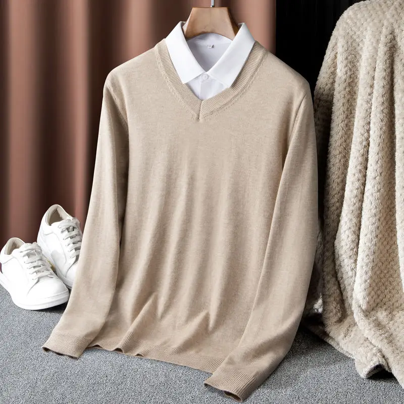 Autumn and Winter Thick Warm Knitted Sweater V-Neck Solid Color T-shirt Men's Simple Cotton Wash Comfortable Top Underlay Z68