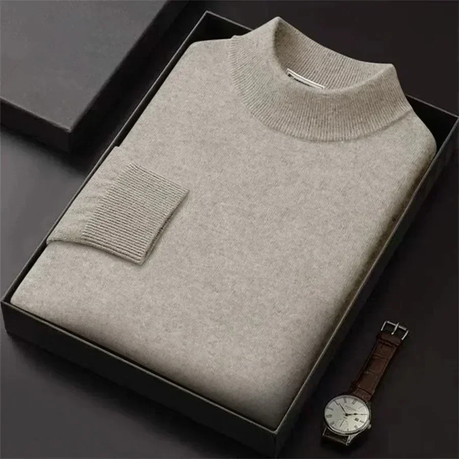 Luxury Brand Men's Mock Collar 100% Pure Woolen Sweater Tops Autumn Winter Cashmere Sweater Pullover Male Warm Knitwear Sweater