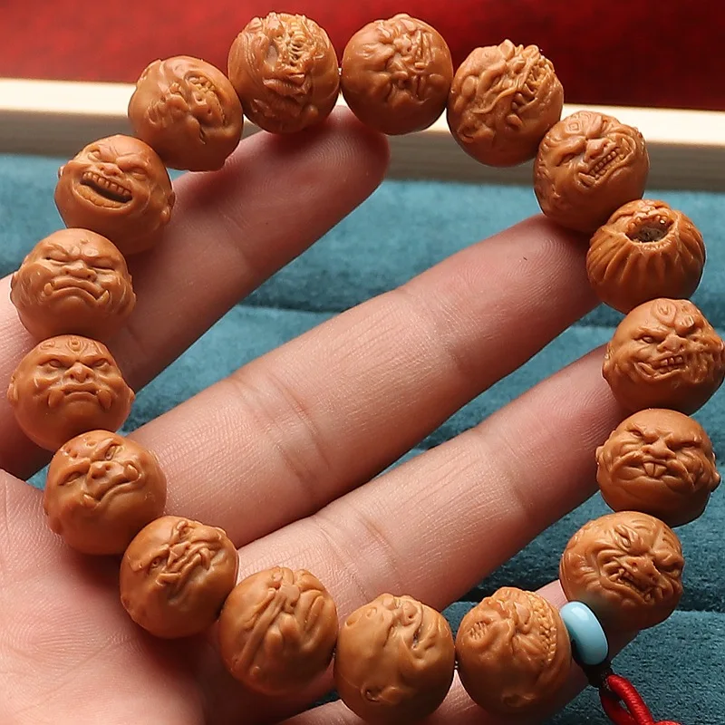 Handmade Evil Monk Monkey Bracelet, Walnut , Original , Smooth Beads, Small Seed Carving, Buddha Head, Bodhi Handh