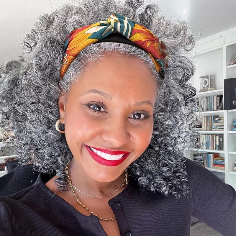 

12 Inch Grey Headband Wig, Short Curly Deep Wave Synthetic Wig for Black Women, Half Glueless with Attached Headband