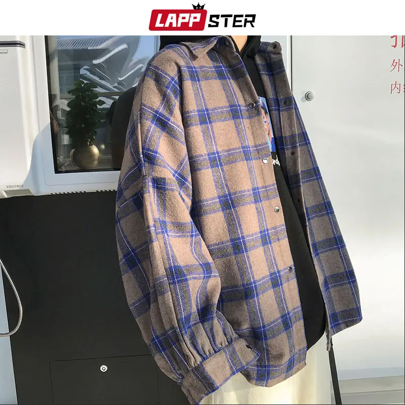 LAPPSTER Y2k Harajuku Harajuku Plaid Shirt 2023 Man Streetwear Fleece Shirts Long Sleeve Mens Vintage Korean Fashions Clothes