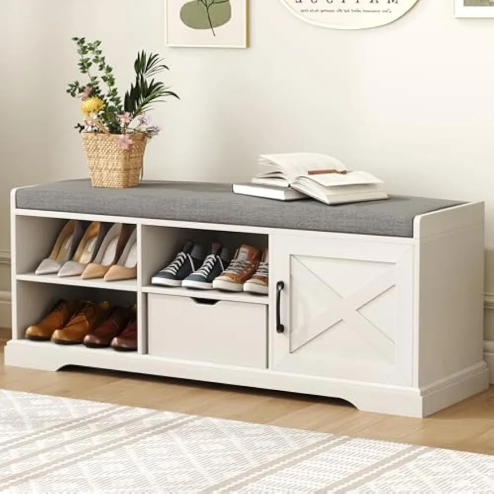 

47-дюймовая скамья для хранения обуви с подушечным сиденьем, скамейка в прихожей с регулируемой полкой и дверью сарая, 2-уровневая полка для обуви в фермерском доме