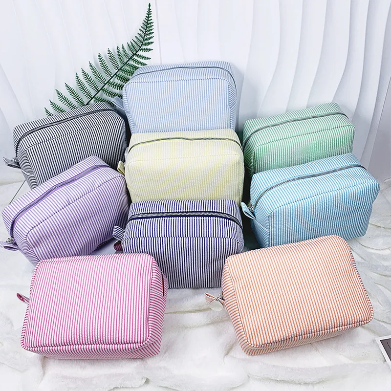 

Косметички из сирсакера с рюшами, розовые/фиолетовые полосатые сумки для хранения косметики для женщин, дорожная сумка на молнии, косметичка