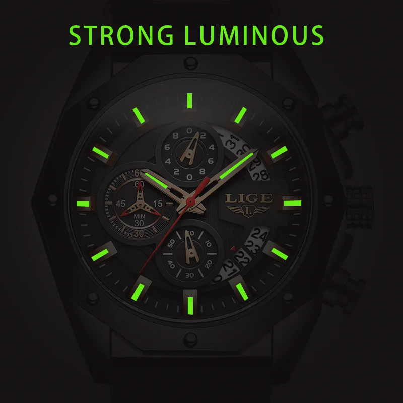LIGE Luxury Mens Watch Sports Calendar Military Man Watch Waterproof Luminous Silicone Strap Chronograph Quartz Watches for Men