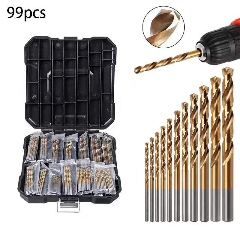 

99 Pcs Titanium Drill Bit Set 1.5mm to 10mm for Steel Wood Plastic Metal Copper Aluminum with Storage Case Heavy Duty DIY Home