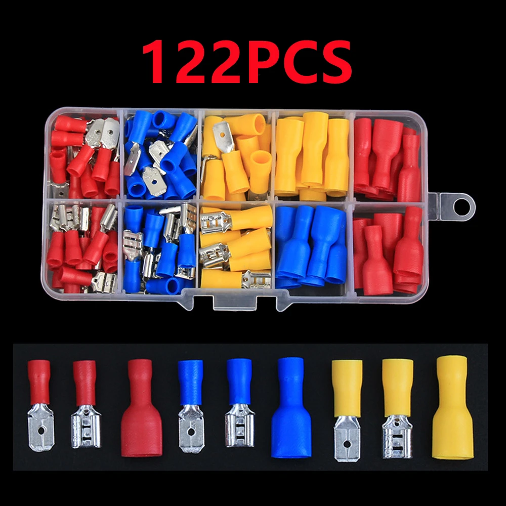 122PCS Plug Cold Pressing Insulation Fast Wire Connector Terminals Electrical Crimp Spade Lug Cable Car Full Fork Assortment Kit