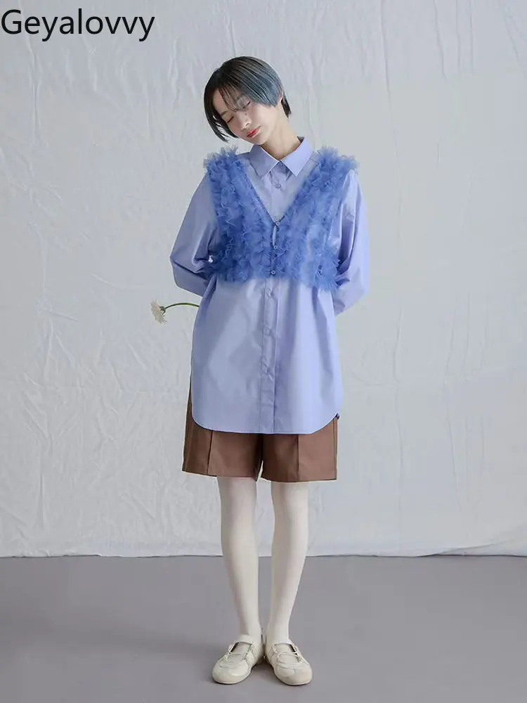 Japanese Sweet Casual Style Tulle Short Vest + Loose Long-sleeved Shirt Top Spring Autumn Versatile Casual Women's Suit
