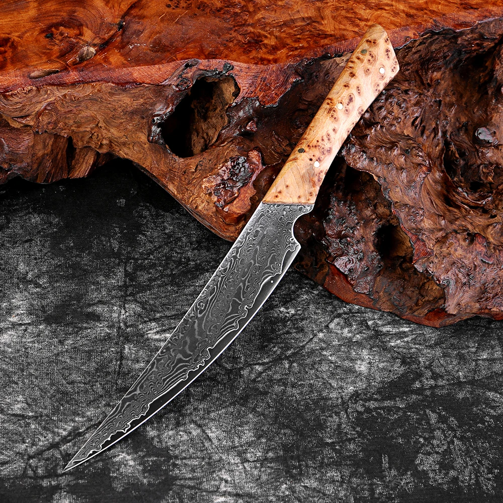 

Damascus Steel Japanese Utility Knife,Handmade Curved Edge,Full Tang Tang Pakkawood Handle,High hardness Sharp Kitchen Knife