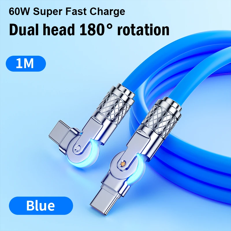 60W Type C Data Cable Zinc Alloy Fast Charging Cable for Xiaomi Dual-Head 180° Degree Elbow Cable Silicone Data Phone Accessorie