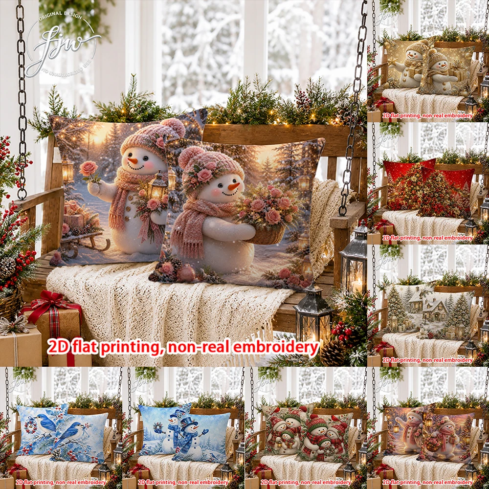 2D FLAT-2PCS Christmas Snowman Winter Throw Pillow Covers Sofa bedroom porch New Year decoration only pillowcase