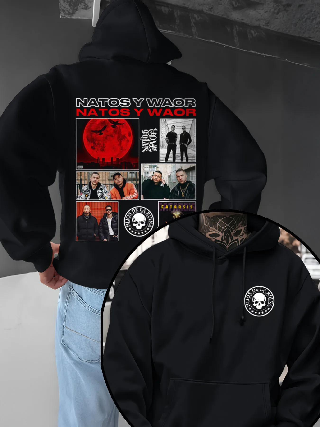 Cantante de Rap NATOS WAOR Catarsis álbum patrón 2025 Otoño Invierno Retro Hip-hop Casual Sudadera con capucha de algodón puro para hombres y mujeres