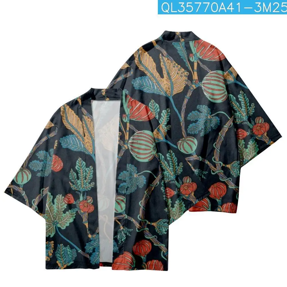 Casual Loose Cartoon Leaves Floral Printed Kimono Beach Shorts Streetwear Summer Couple Women Men Haori Yukata Cardigan