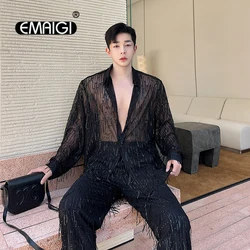 Men 2 Pieces Sets See Through Long Sleeve Casual Tassel Sequins Shirts Pants Male Vintage Fashion Party Dress Shirts Clothing