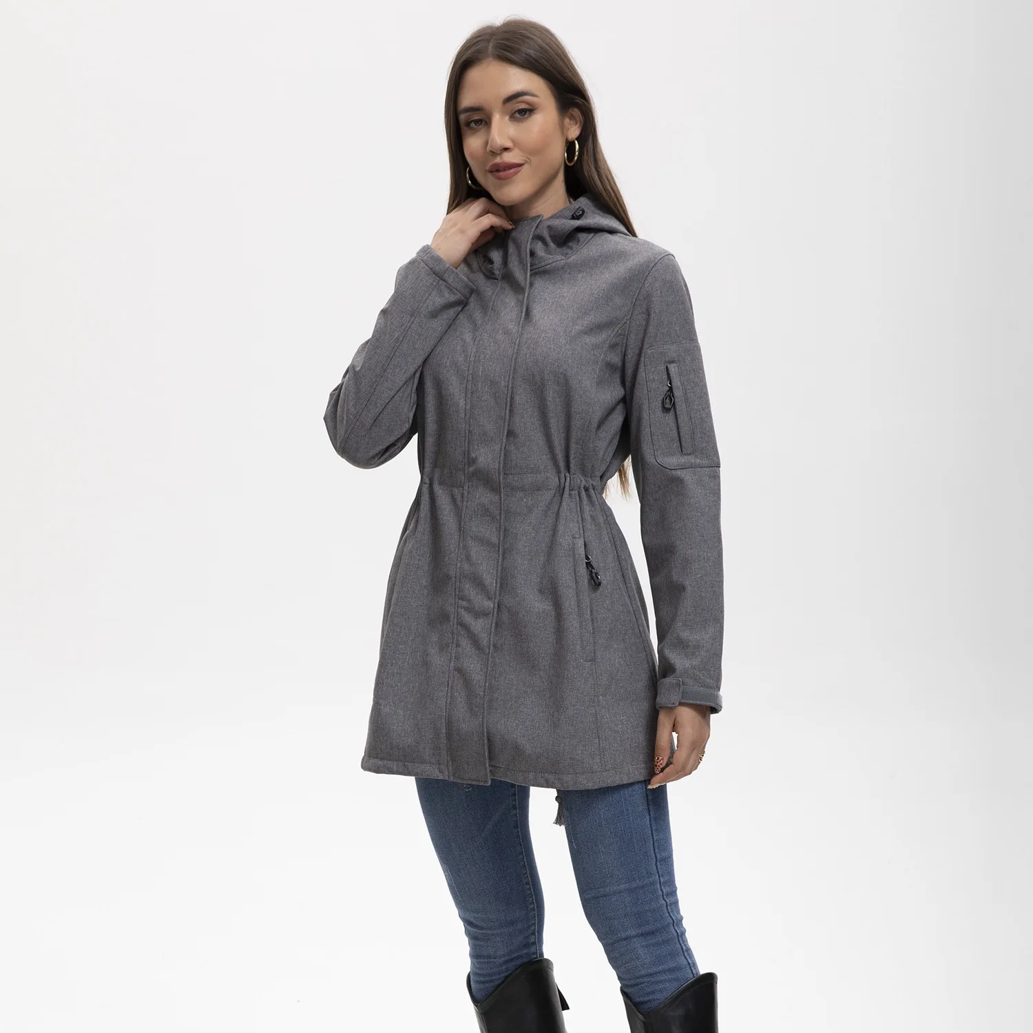 

Dark Grey Hooded Multi-Pocket Jacket Women's Women's Autumn And Winter Fleece Jacket Women's Clothing