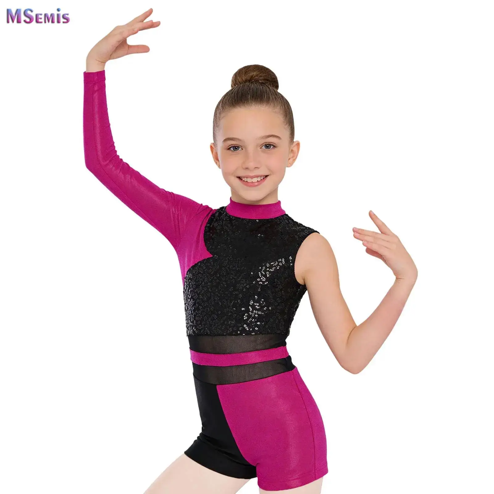 

Girls Jazz Latin Dance Leotard Boyshort Asymmetrical Glittery Sequins Metallic Shiny Bodysuit Competition Performance Unitard