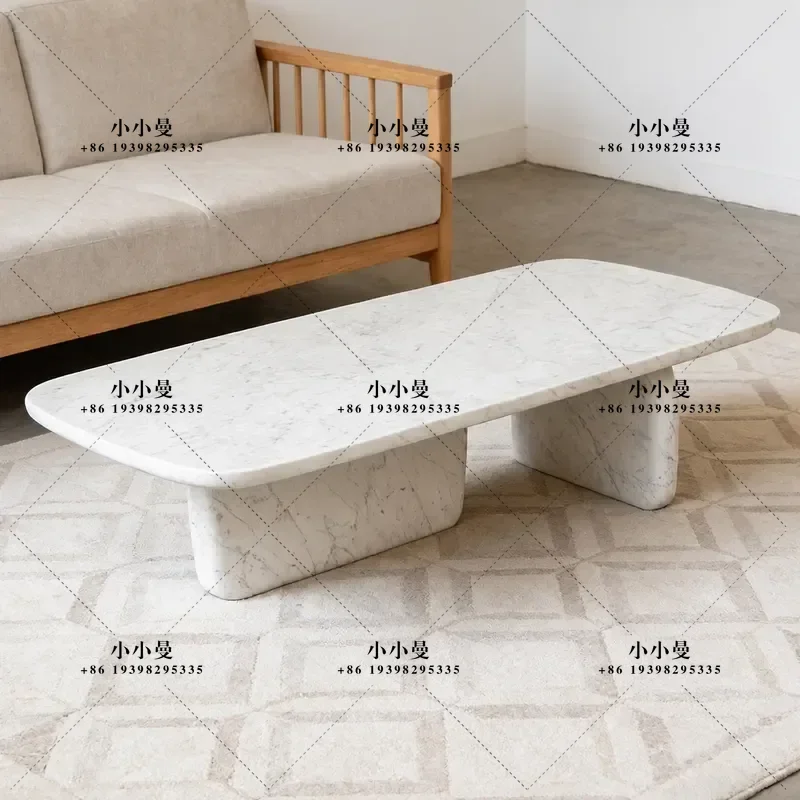 Kara White Marble Coffee Table Rectangular Low Table with T-shaped Legs Simple Natural Stone Center Table for Living Room