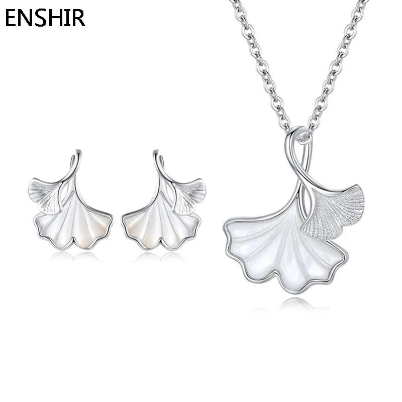 ENSHIR Shell Ginkgo Leaf Pendant Necklace Stud Earring Jewelry Set for Women Elegant Anniversary Party Jewelry Gift Wholesale