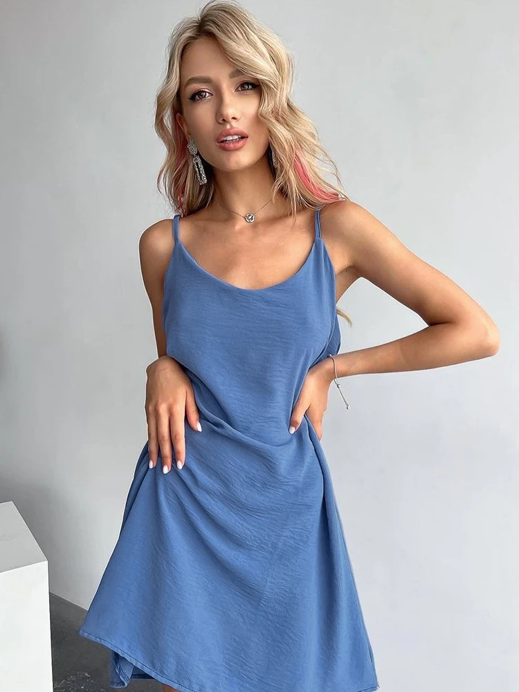 HiLoc Summer Blue Ruched Night Dress Women Fashion Spaghetti Strap A-Line Sexy Sleepwear Casual O-Neck Solid Mini Dress Pajamas