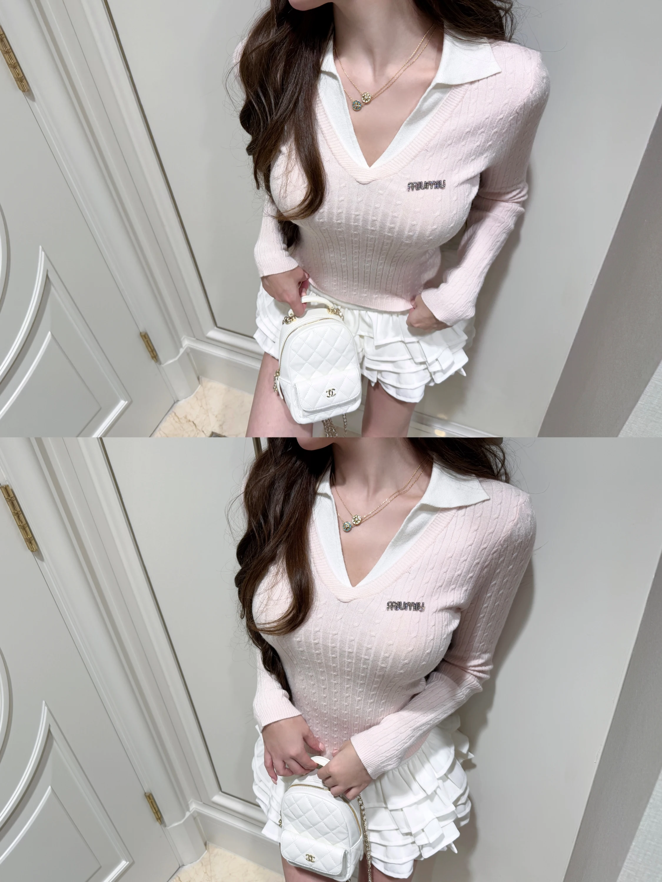 

Qiauuu Sweet Dr Left Blank Cusized Milk ake Poer V-Ne Long Sve Фальшивый двухсекционный вязаный топ для женщин Повседневный Sle