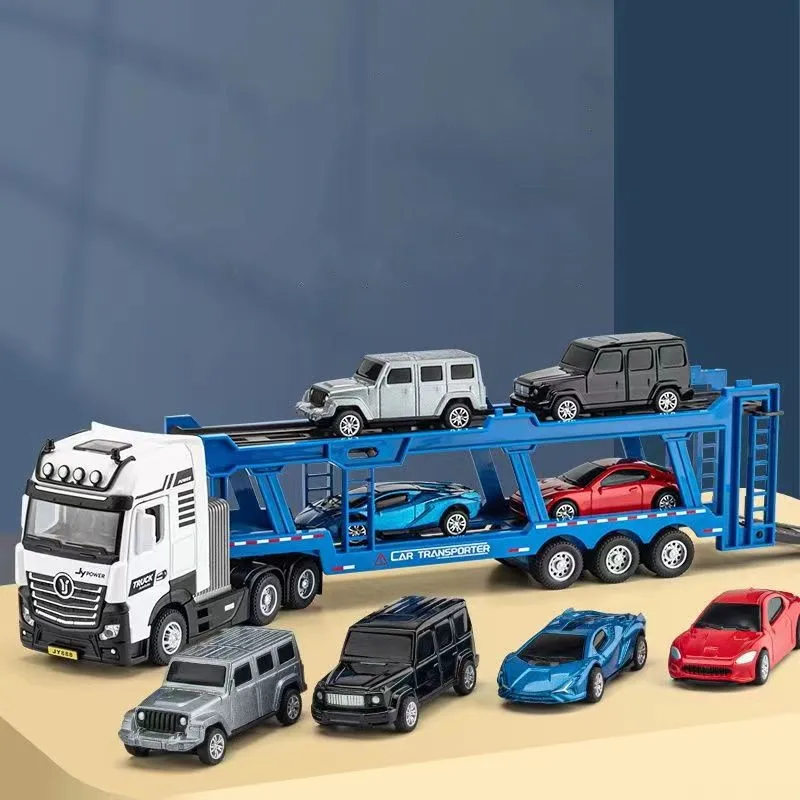 Alloy Double Deck Flatbed Trailer Model Diecast Metal Heavy Semi Automobile Trailer Transport Vehicle Truck Car Model Kids Gifts