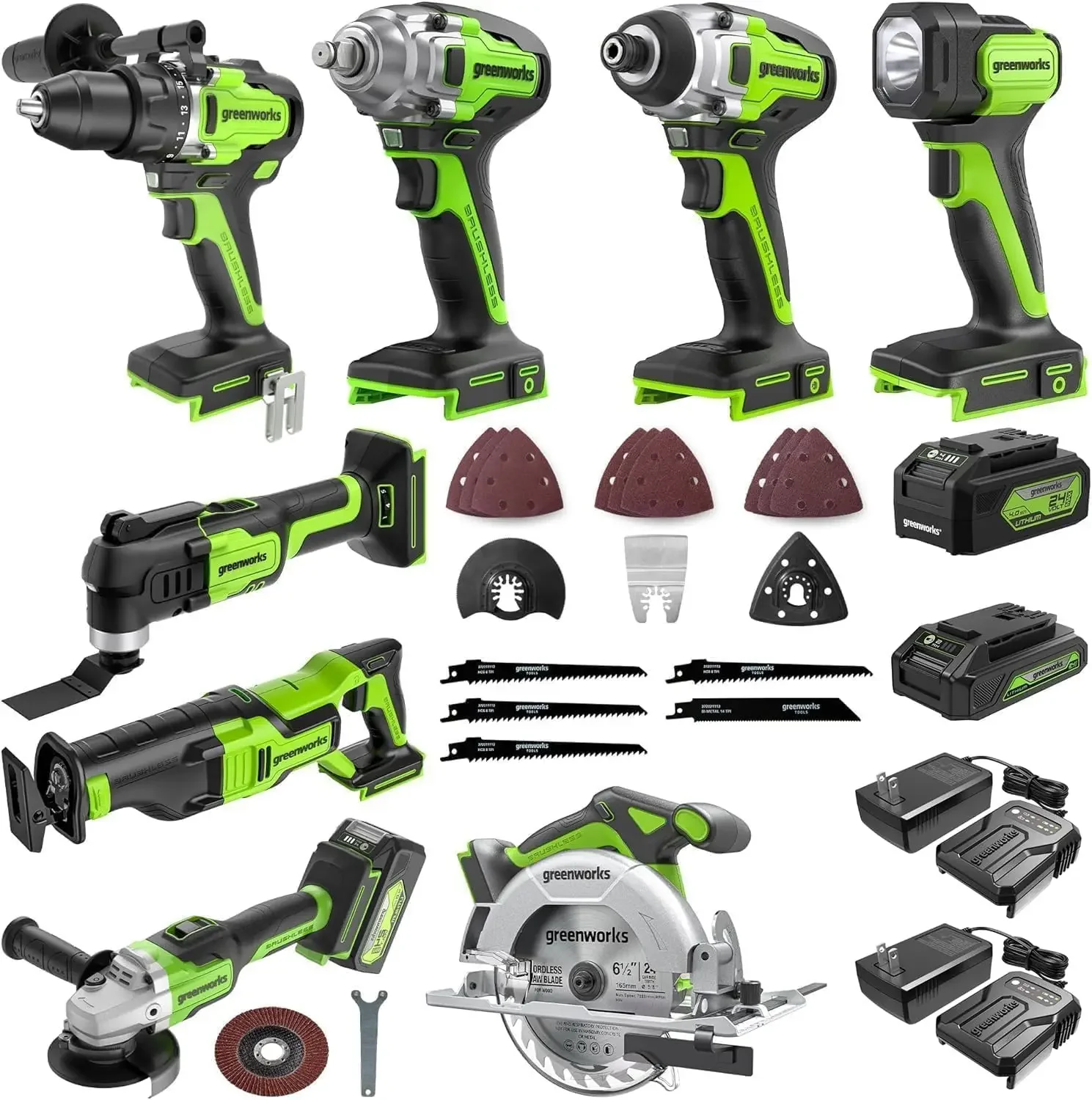 

24V 8pcs Combo Kit,(2) Batteries & (2) Chargers. 800in/lb Drill, Impact Driver,Wrench, Multi-tool, Reciprocating Saw, Circular s